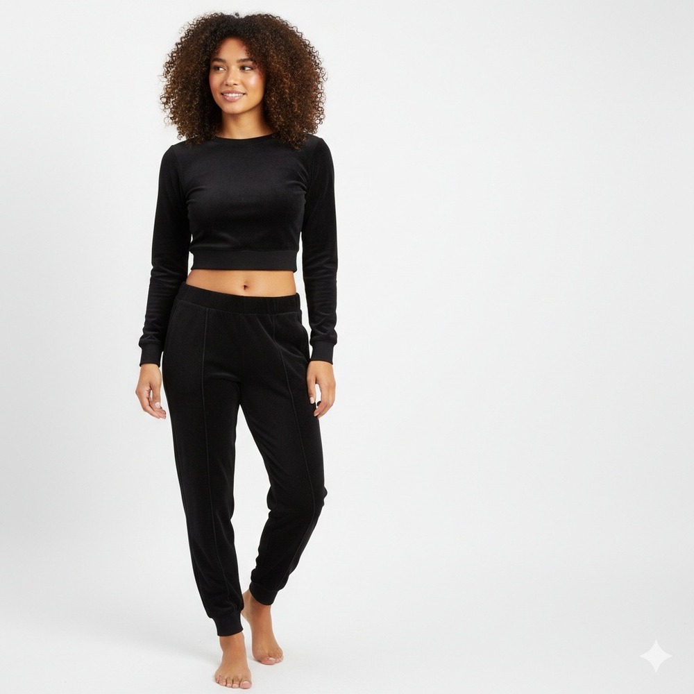 Stateside Joggers Medium Velour Pintuck Black Elastic Waist Loungewear Cotton